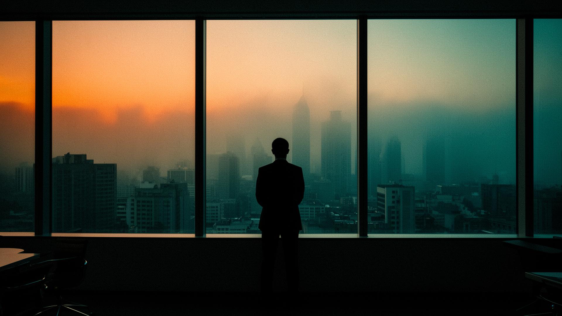 Silhouette eines Geschäftsmanns am Fenster bei Dämmerung